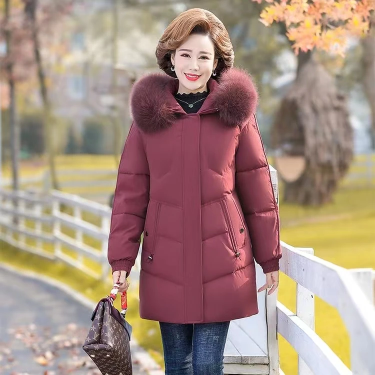 厚款中老年女装棉衣时尚外套加绒加厚棉服中长款妈妈装毛领冬装