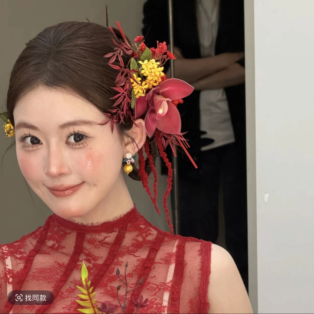 T7145 红色花朵薄纱晨袍新娘头饰森系婚纱礼服敬酒服配饰品