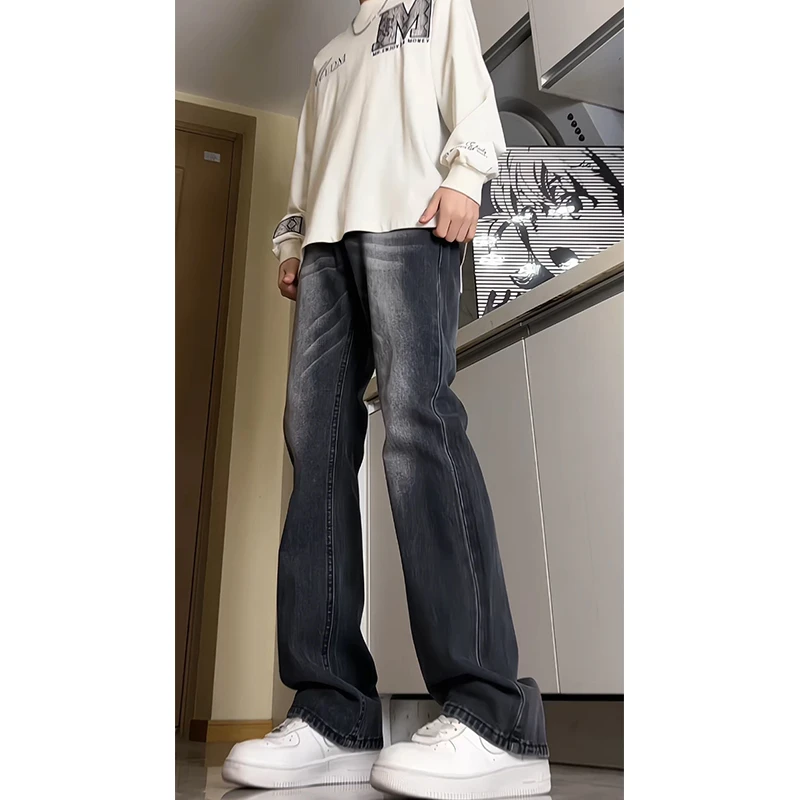 美式微喇黑灰色男士牛仔裤早秋cleanfit复古直筒裤户外运动休闲裤