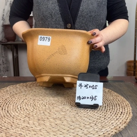 紫砂花盆新品福利柴烧莲蓬刻绘仿古四方0979