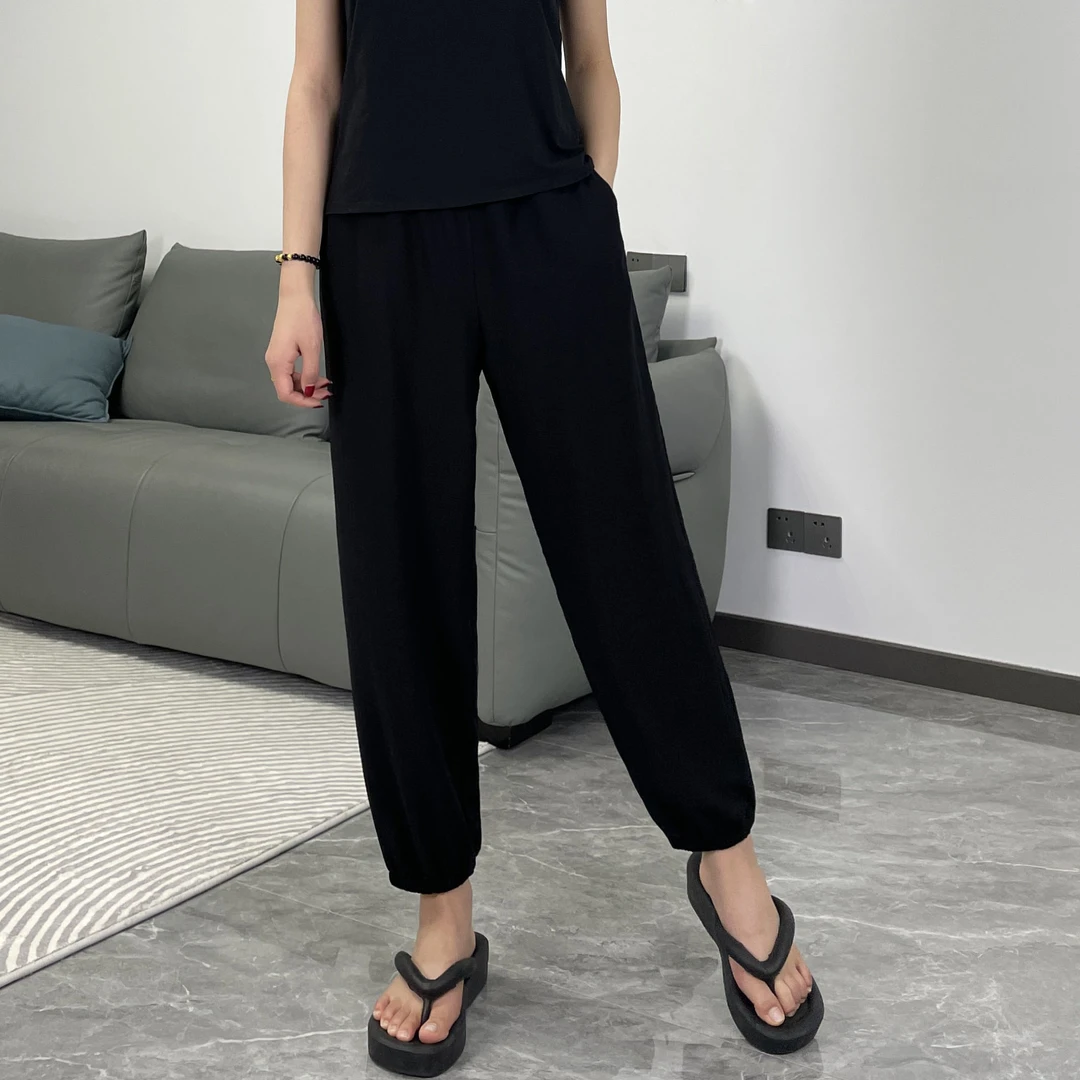 大码棉绸灯笼裤夏季休闲裤宽松显瘦黑色人造棉束脚裤运动长裤子薄