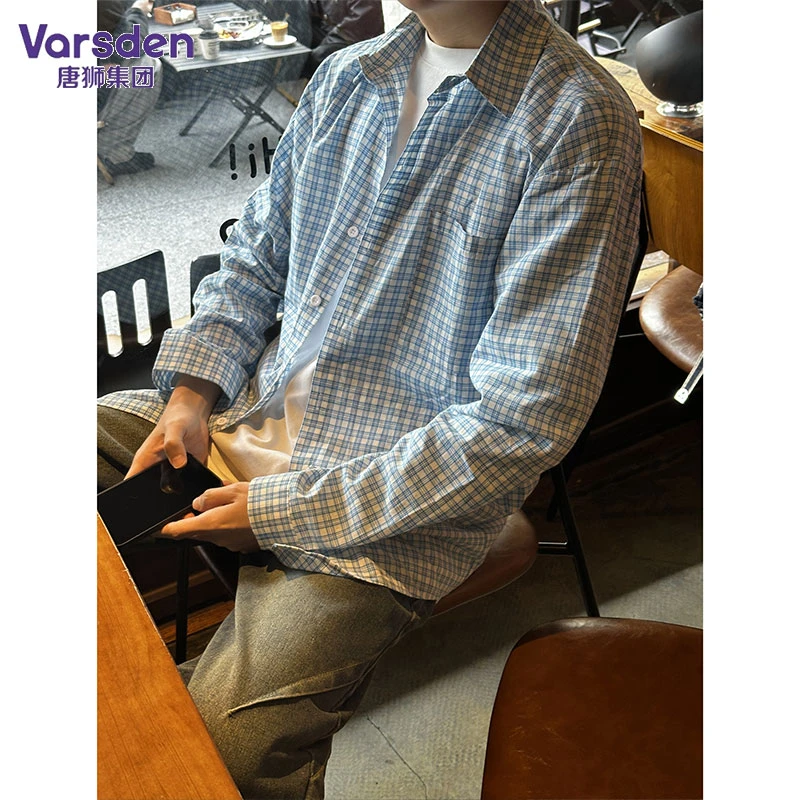 唐狮集团Varsden美式vibe休闲男士衬衣爆款蓝色格子衬衫男士上衣