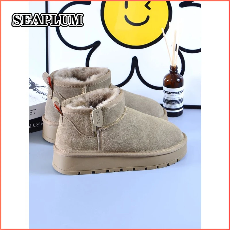 SEAPLUM羊毛雪地靴女2025新款侧拉链冬季防滑短靴厚底加绒大