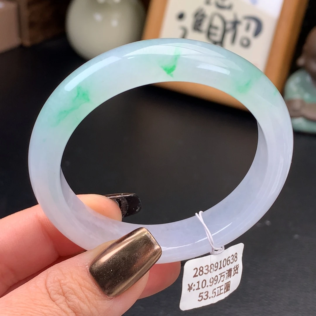 翡翠手镯未镶嵌冰粉紫飘绿正圈手镯