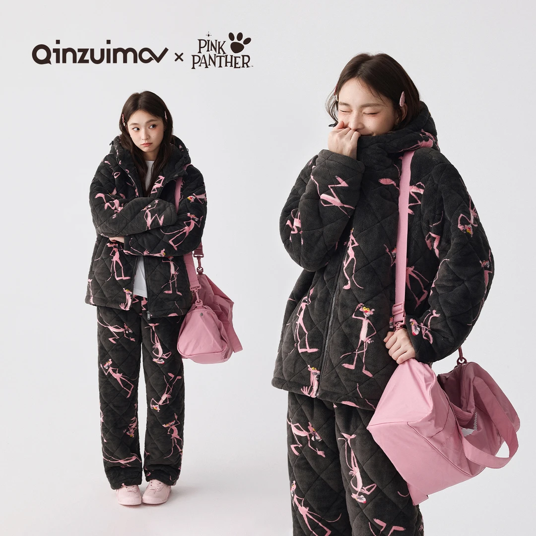 亲嘴猫粉红豹连帽三层加厚法兰绒夹棉睡衣女冬季家居服套装女外穿