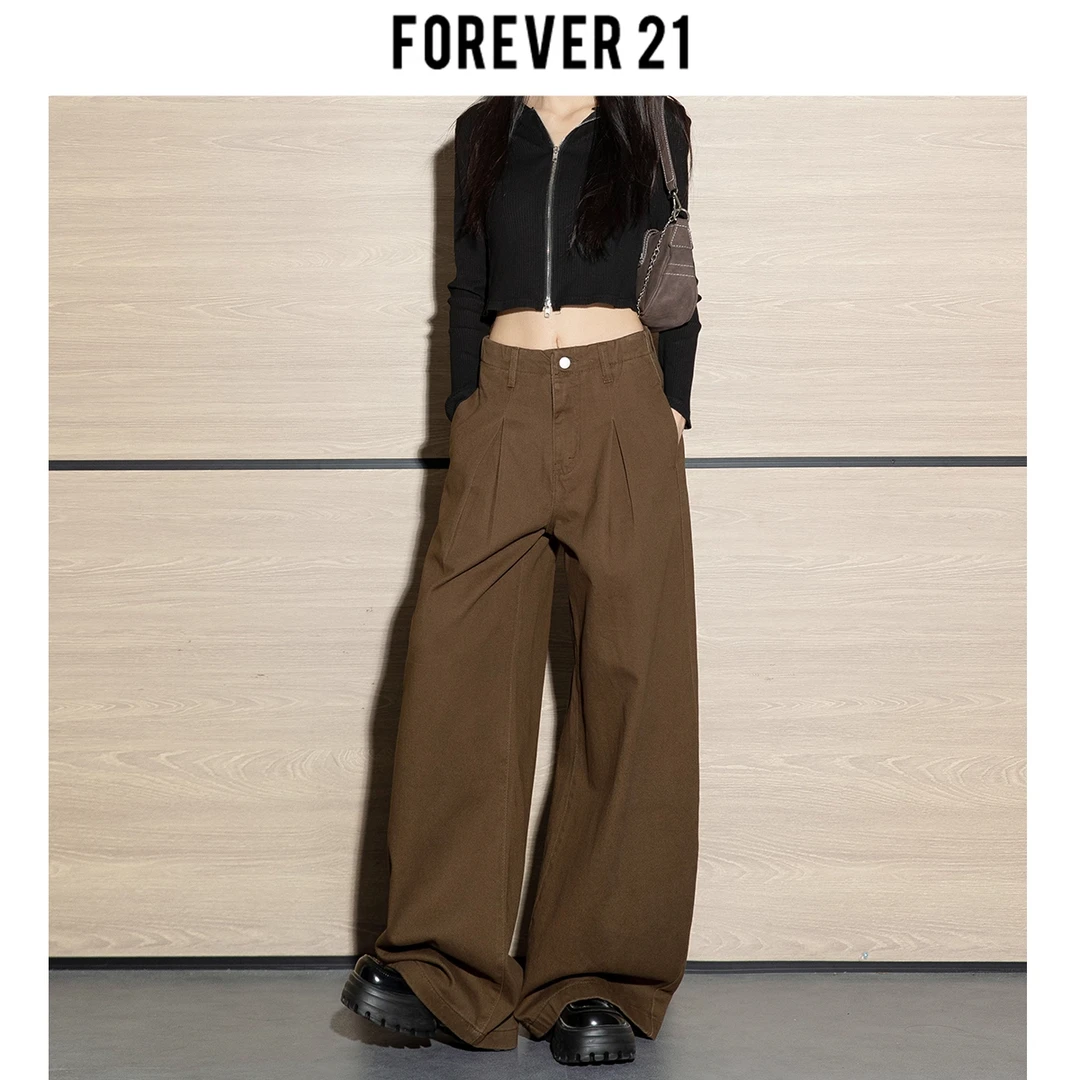Forever 21美式复古阔腿裤女秋季新款高腰褶皱宽松显瘦垂感牛仔裤