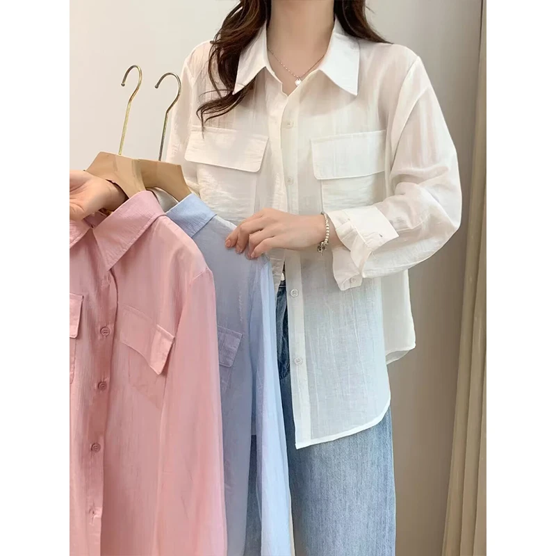 大码胖mm夏季薄款宽松纯色翻领长袖防晒衬衫透气时尚减龄洋气小衫