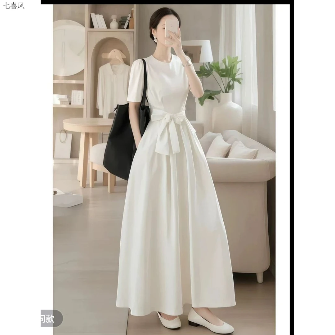 白色优雅女神风短袖连衣裙春季新款大气绑带设计轻奢