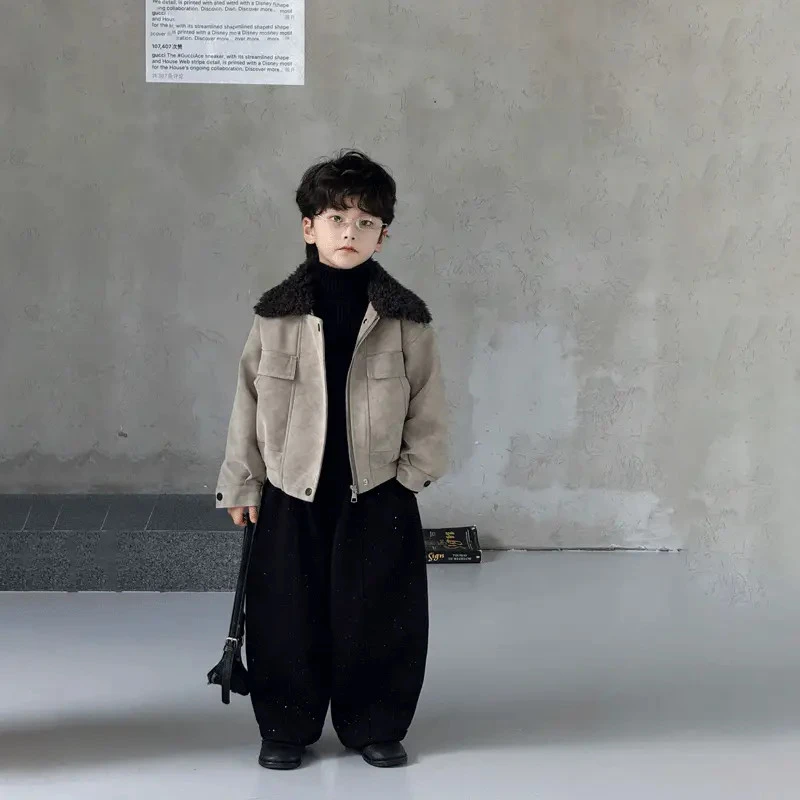 2025男童秋冬新款套装宝宝加绒毛领外套儿童夹克帅气潮范男孩时尚