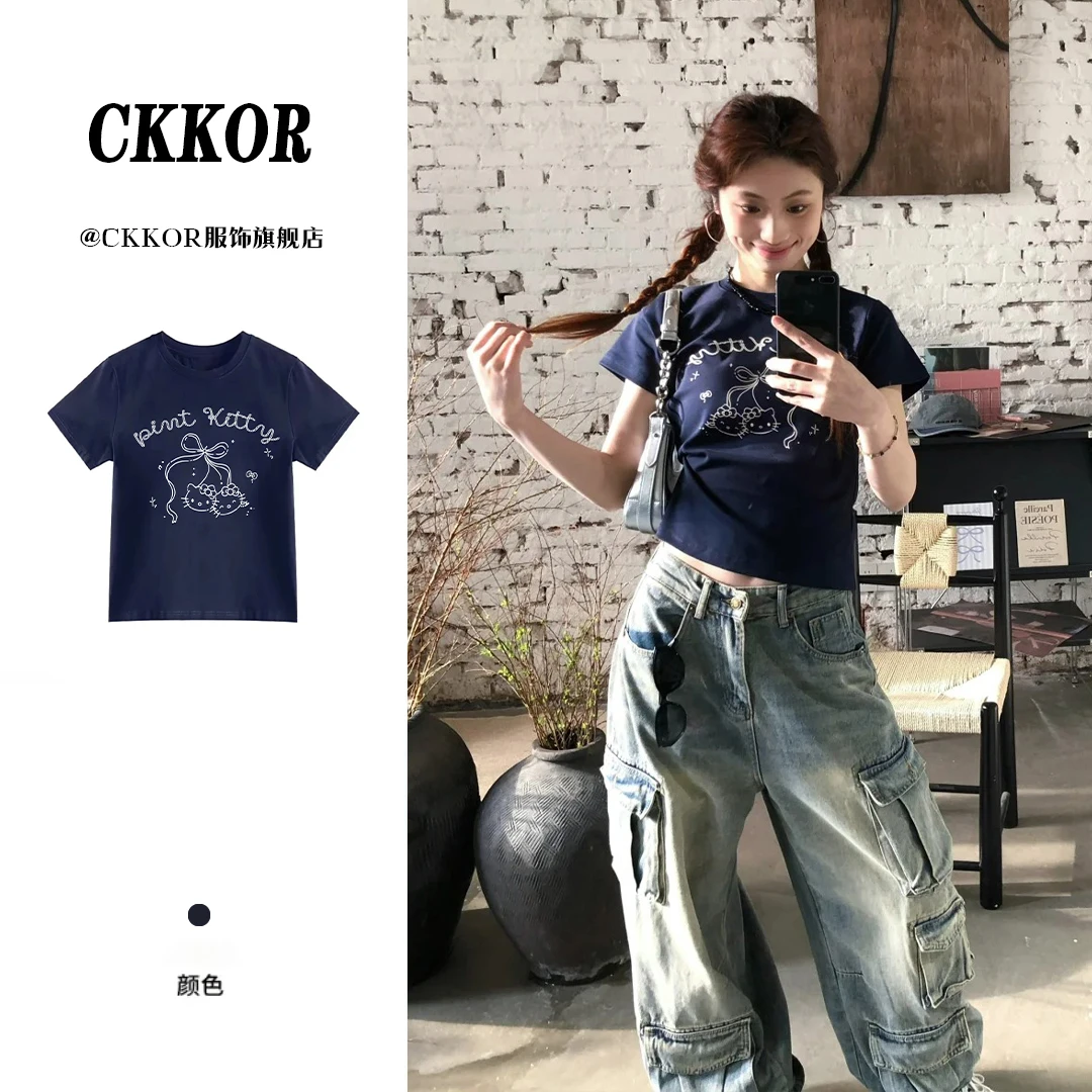 CKKOR夏季正肩短袖短款休闲衣服慵懒风百搭小众韩版设计感印花t恤