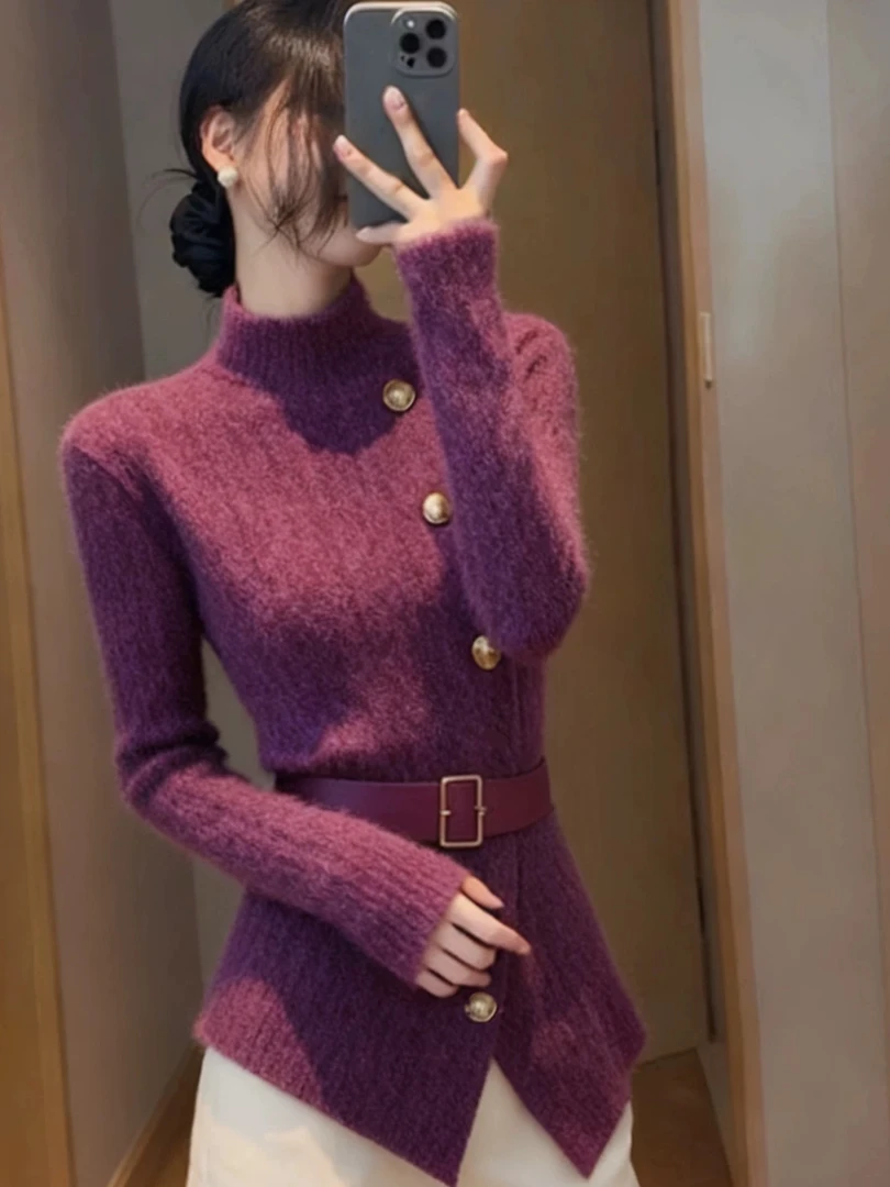 超好看紫色高领加厚打底毛衣女2025冬季奶呼呼软糯修身显瘦针织衫