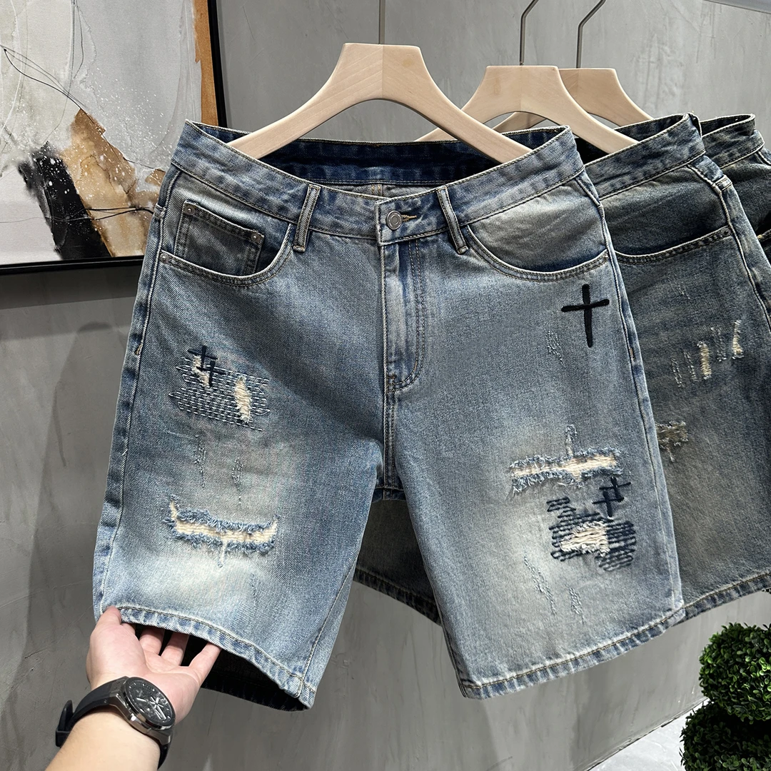 夏季新品户外休闲牛仔短裤男款美式潮流刺绣补丁破洞乞丐五分裤