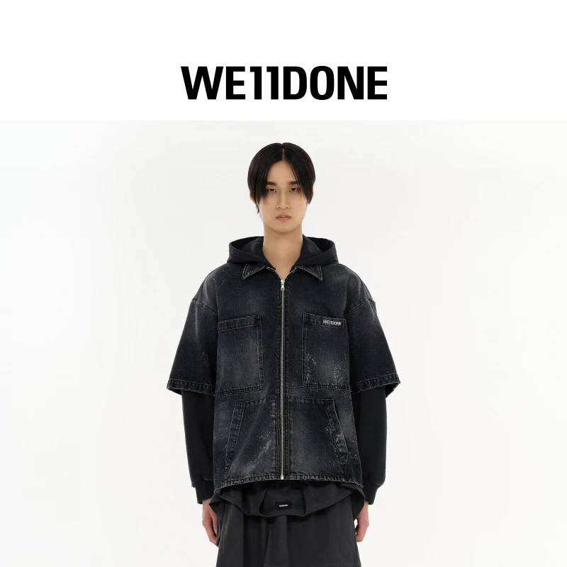 【新品6折】WE11DONE男士休闲宽松层叠连帽做旧牛仔夹克25-315