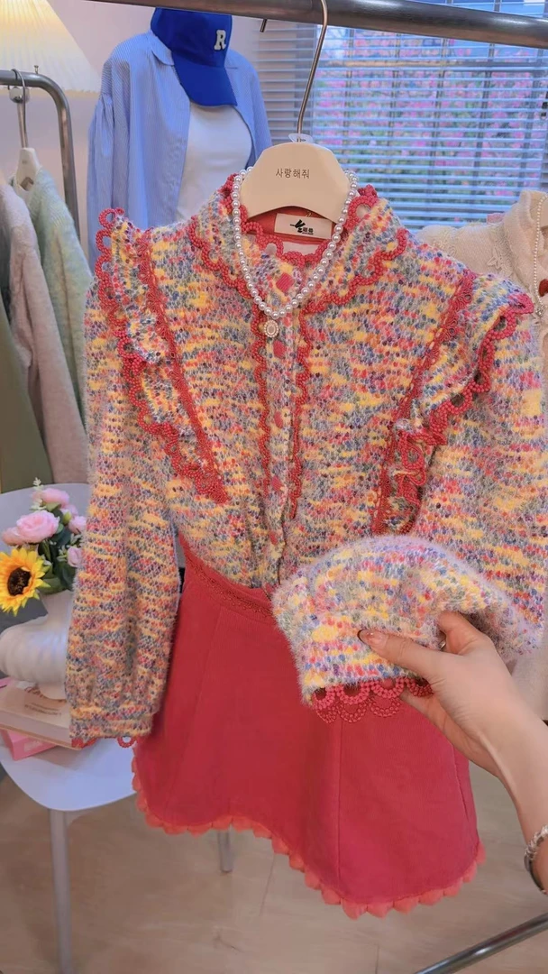 运补6~8 法式复古温柔风彩色编织撞色花边衬衫