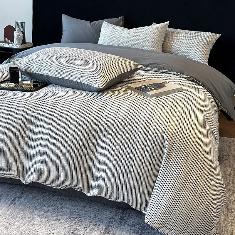 现代风A类全棉四件套提花加厚条纹纯棉被套床单床笠四季床上用品