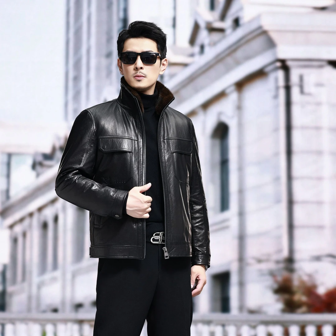 28180海宁真皮男士油蜡头层牛皮外套加绒商务休闲皮夹克翻领外套