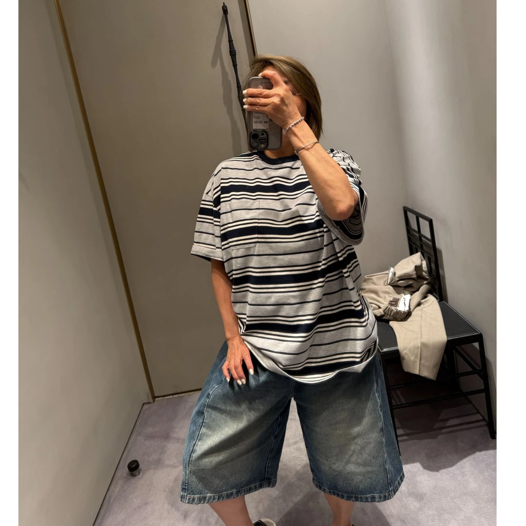 COCOLINDA  | 棉质男女CP圆领条纹撞色拼接短袖T3507