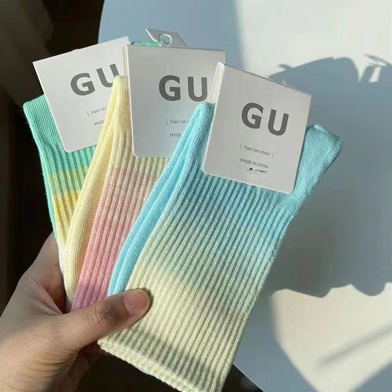 春夏学院风袜子女高颜值简约糖果色运动袜扎染渐变色中筒袜舒适潮