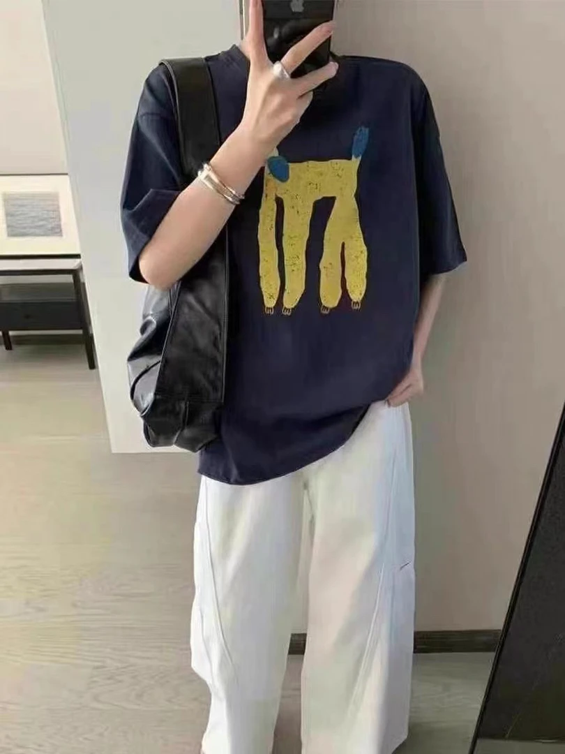 棉t大版型遮屁股新款韩版卡通女孩印花宽松中长款情侣休闲短袖T女