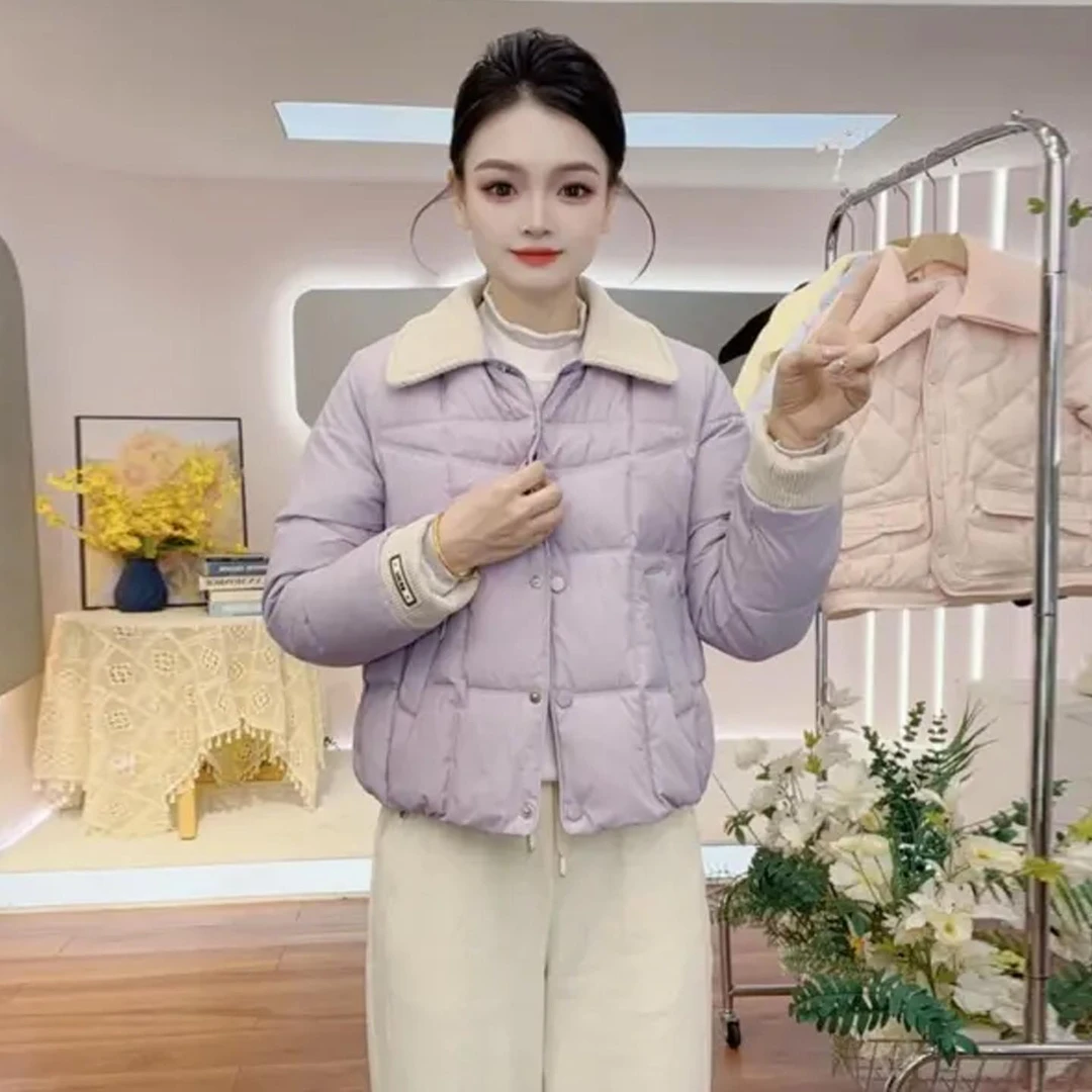 时尚撞色翻领棉服女2025冬季新款洋气短款显瘦加厚小个子棉袄外套