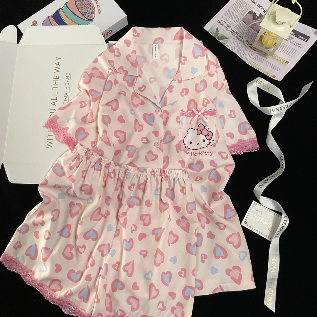 粉色爱心KT冰丝睡衣女夏季新款短袖短裤卡通可爱高级感家居服套装