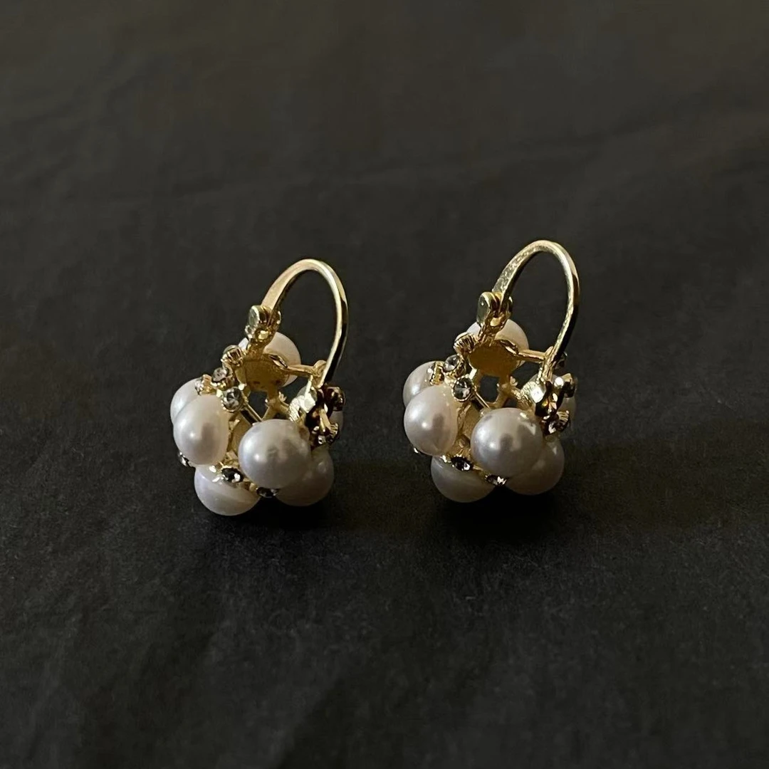 合金锆石耳饰 珍珠绣球花苞耳环小香风金色复古小众精致耳饰女