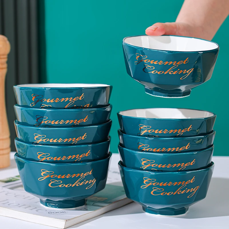 句途10只祖母绿字母碗家用4.5英寸米饭碗吃面碗加厚防烫陶瓷碗