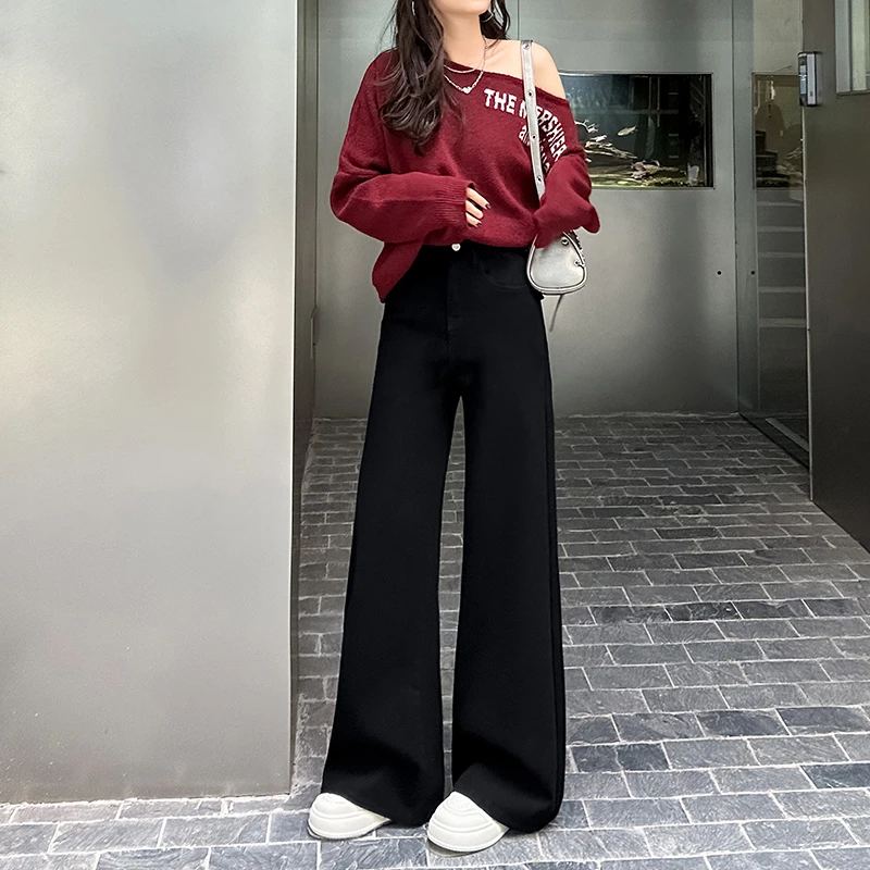 2358#黑色弹力阔腿牛仔裤女秋冬显瘦高腰宽松微喇不贴腿垂感裤子