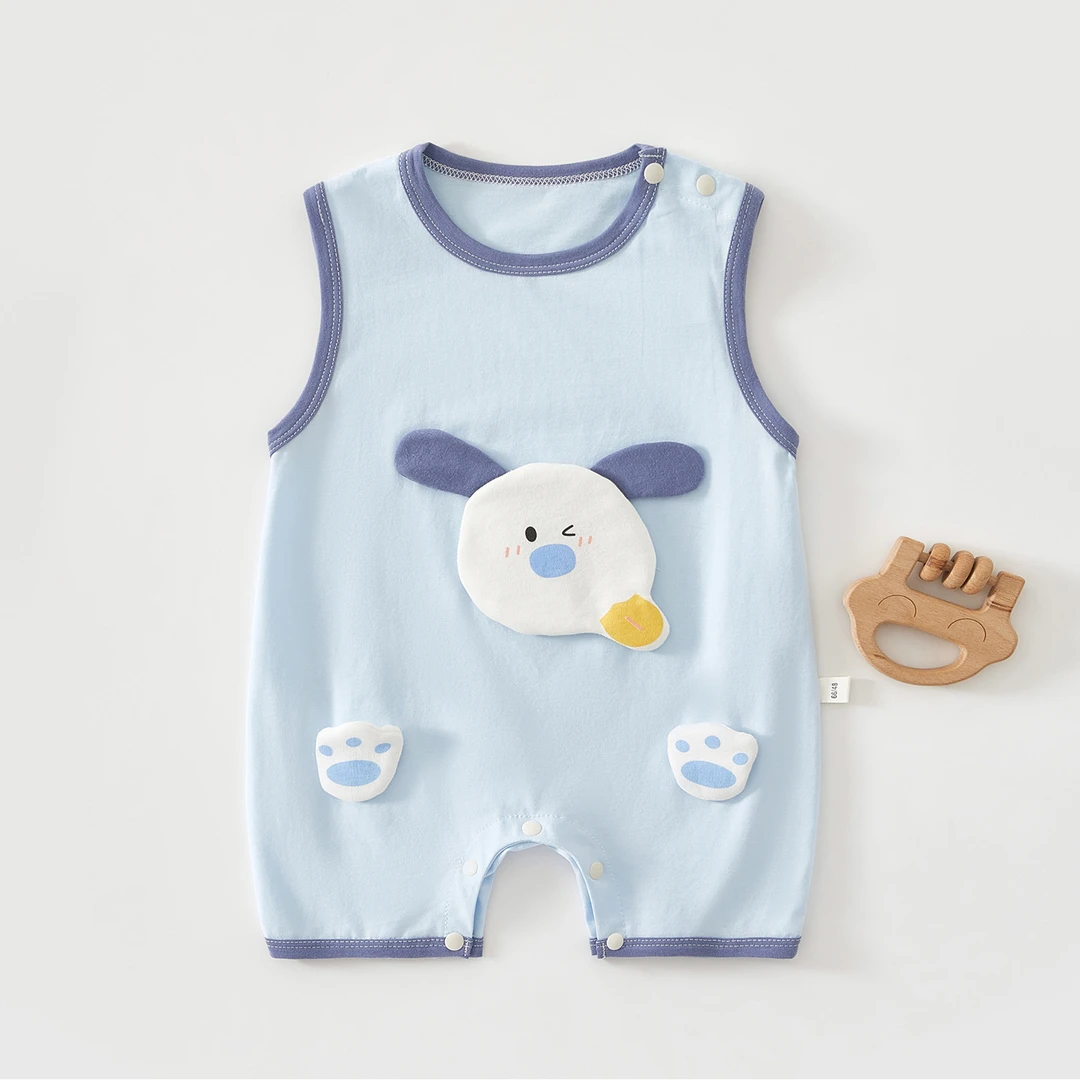 婴儿夏季衣服卡通新生儿无袖哈衣薄款爬服宝宝护肚连体衣外出背心
