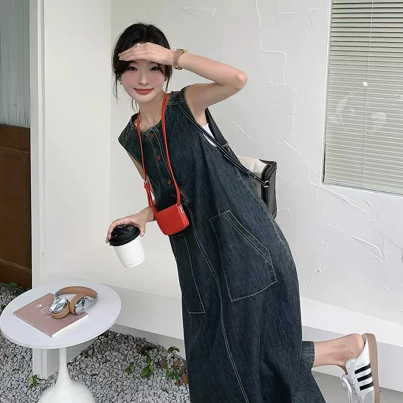 55125港风复古无袖背心牛仔连衣裙夏季宽松气质减龄韩版长裙