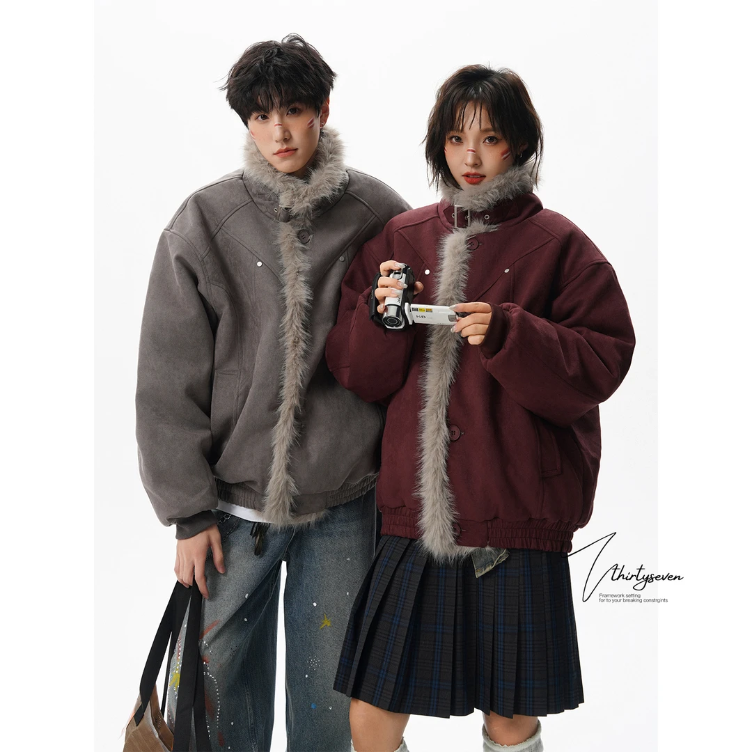 V37毛茸茸氛围感解构拼接情侣棉服男女冬季高级感翻领加厚棉衣潮