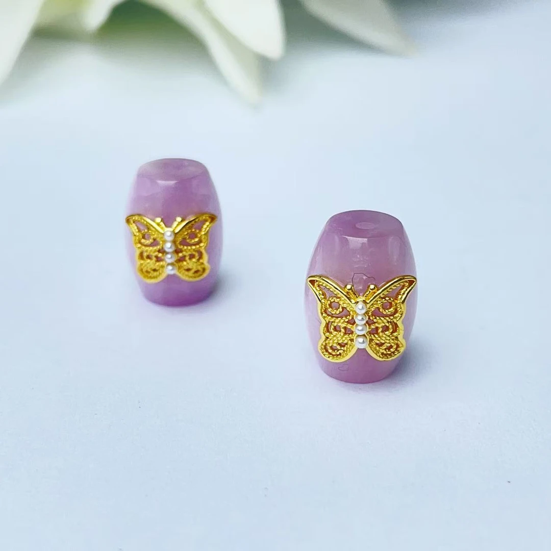 【萌宝饰品】A132 天然紫锂辉桶珠镶嵌蝴蝶宫廷风DIY配件 约10*14mm