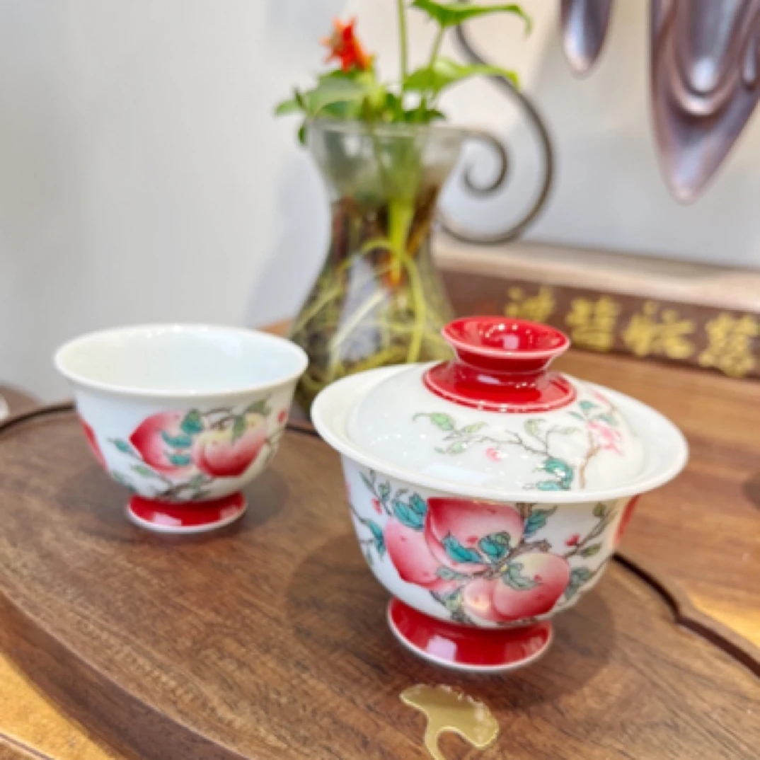 熙工坊颜色釉粉彩纯手工手绘桃子盖碗主人杯景德镇陶瓷