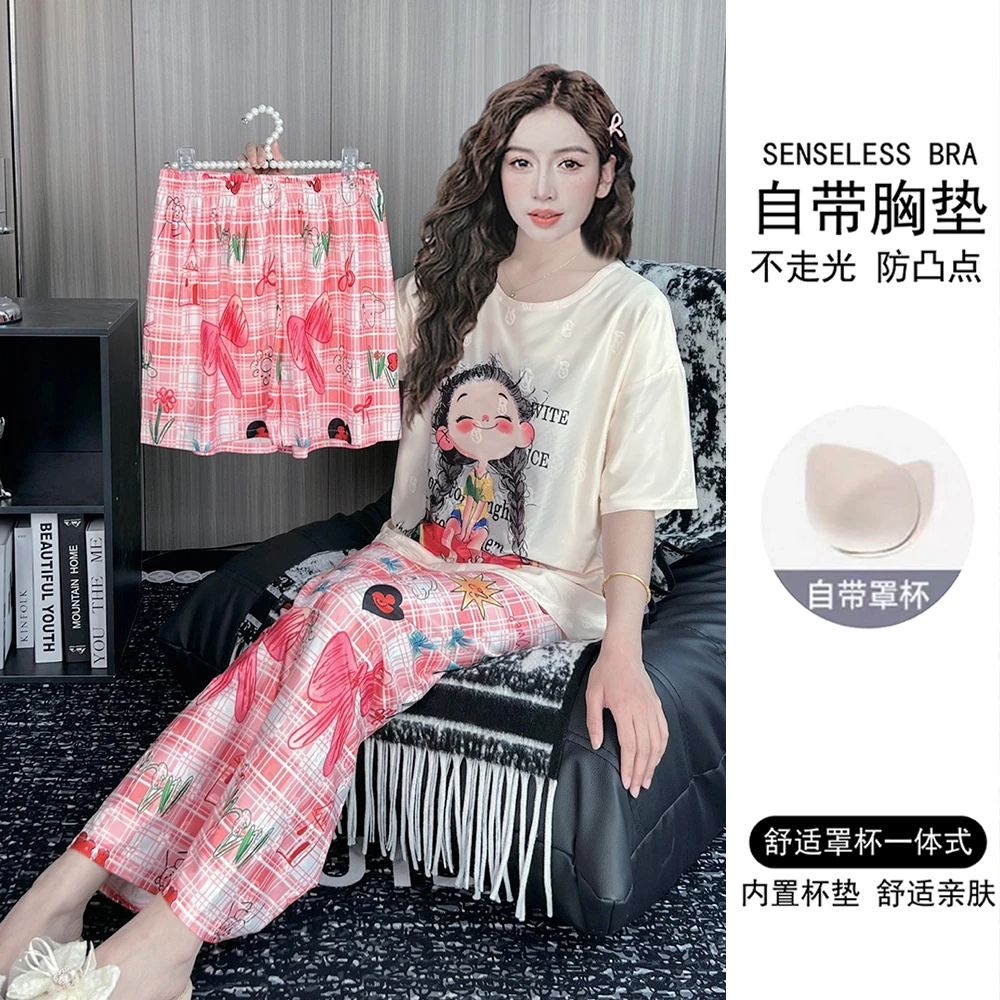 带胸垫夏季提花冰丝睡衣女短袖薄款三件套宽松卡通家居服套装夏天