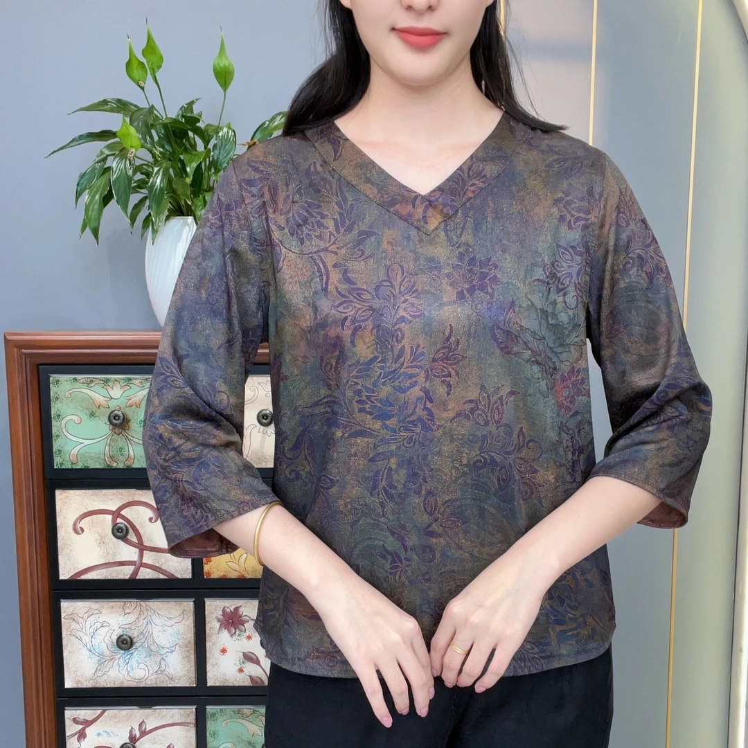 秋风梧桐2025秋季新款V领中袖轻奢高定中老年妈妈装女士上衣小衫