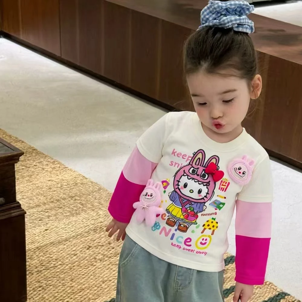 女童秋冬季上衣圆领拼接撞色卫衣卡通印花长袖立体玩偶T恤