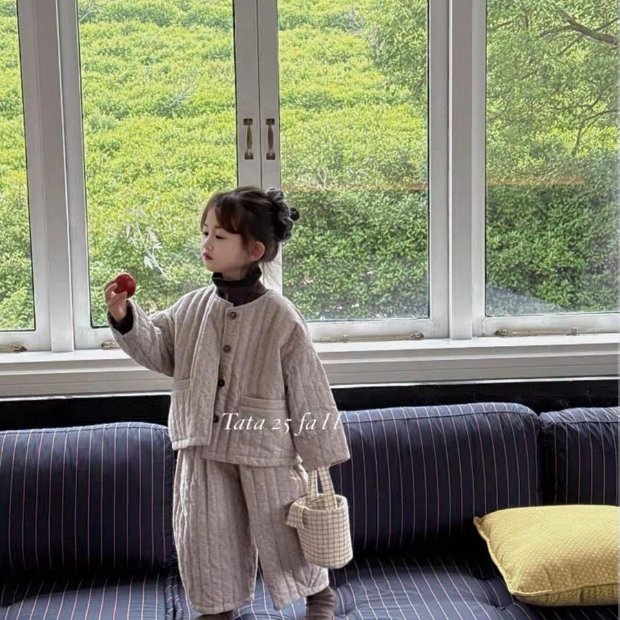 女童秋冬装套装2025新款儿童韩版夹棉圆领棉服外套宝宝洋气两件套