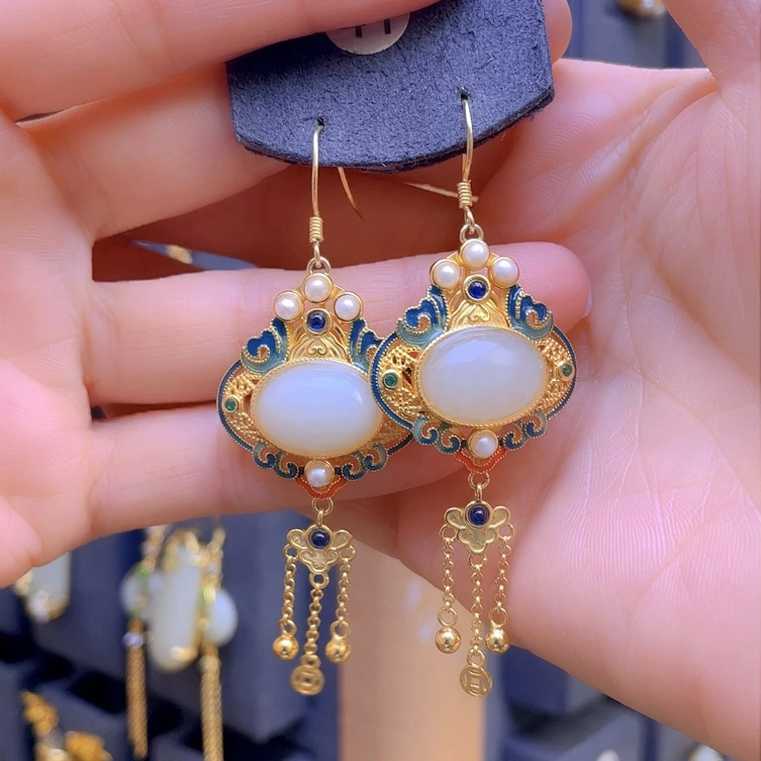 和田玉耳饰银S925镀金镶嵌