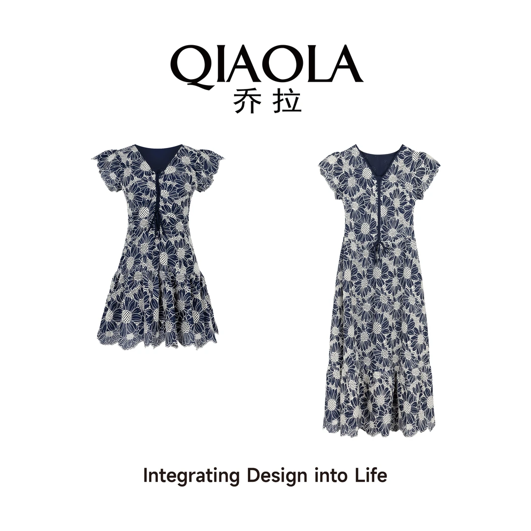 QIAOLA/乔拉【清纯雏菊】夏季向日葵绣花V领轻奢减龄连衣裙预售