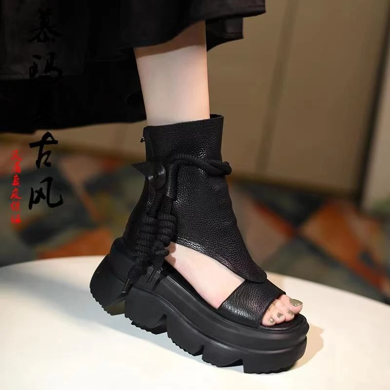 忆couz镂空透气鱼嘴凉靴女真皮休闲高帮凉鞋2025夏季新款复古罗马