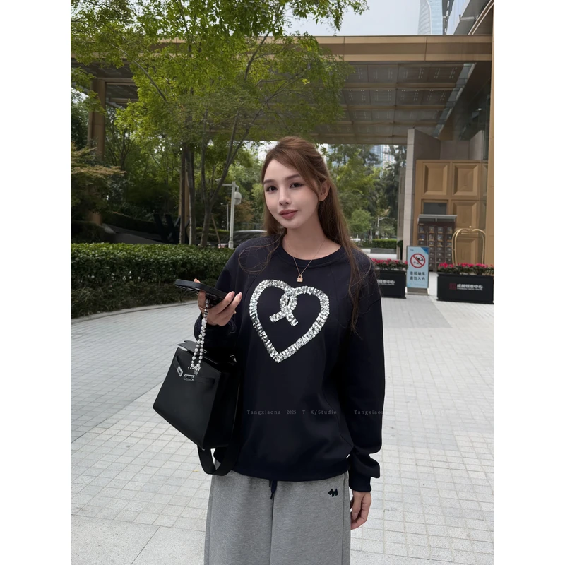 T·X【爱心亮片】设计感时尚圆领宽松卫衣女士秋季慵懒风上衣