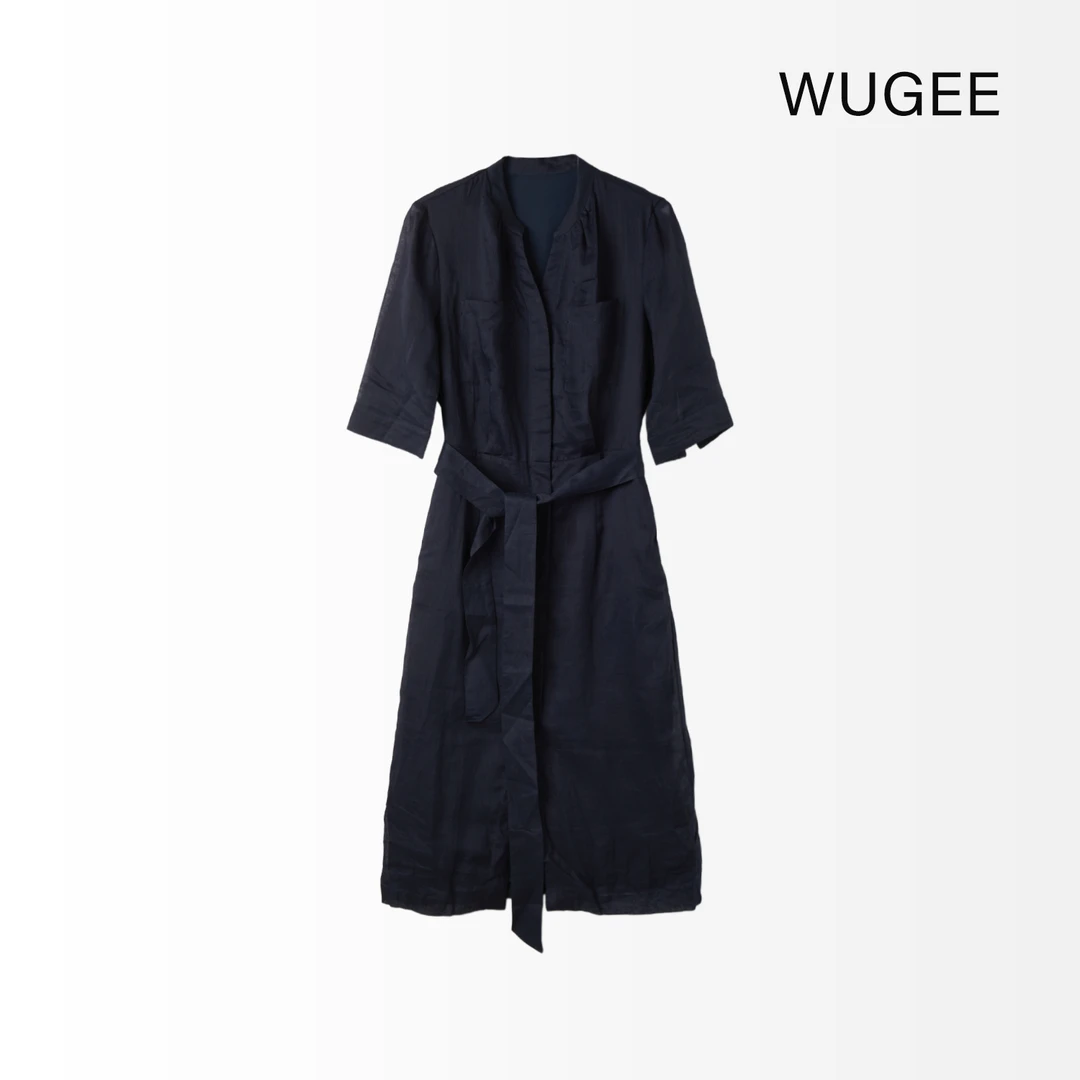 【WUGEE】夏款气质时尚休闲长款收腰设计师系带苎麻连衣裙