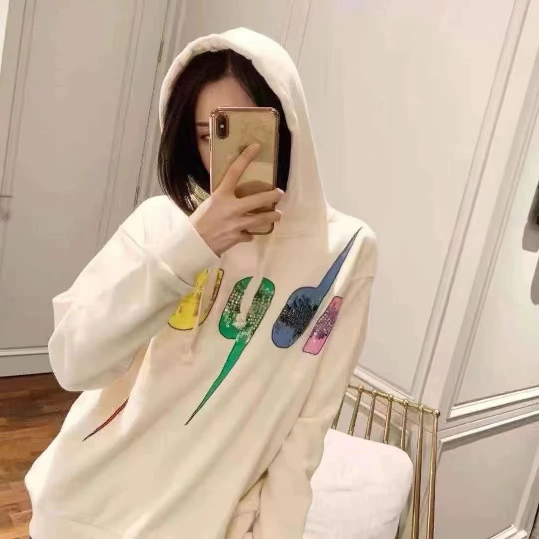 未使用 GUCCI/古驰 白色 亮片字母彩虹配色连帽卫衣 男女同款