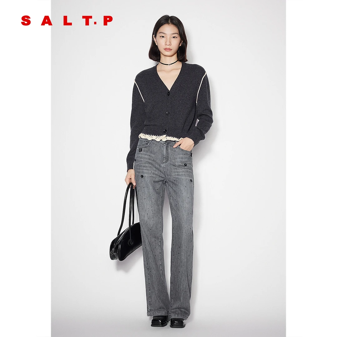 SALT.P可颜学院风落肩V领拼接手工钩花边开衫针织外套2025春新款