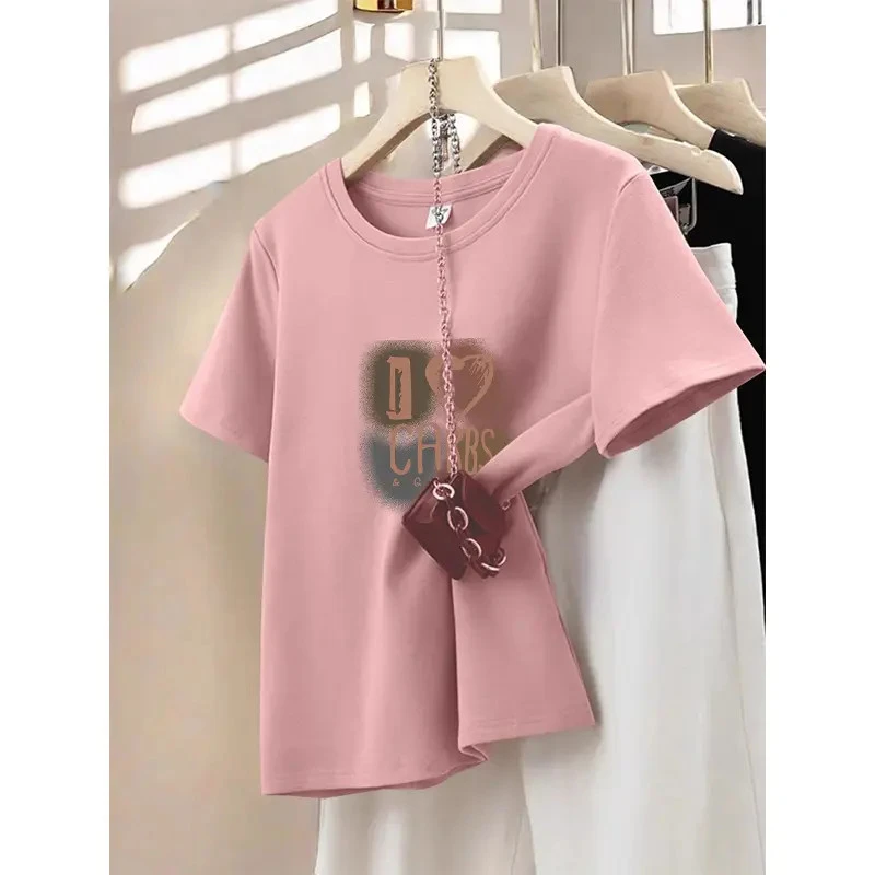 正肩磨毛粉色短袖t恤女2025年新款时尚百搭打底衫厚款上衣春夏季