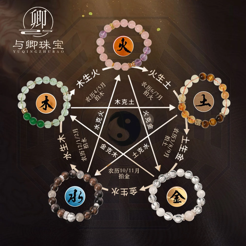 与卿珠宝 原创设计！五路财神金木水火土水晶手串 配礼盒证书