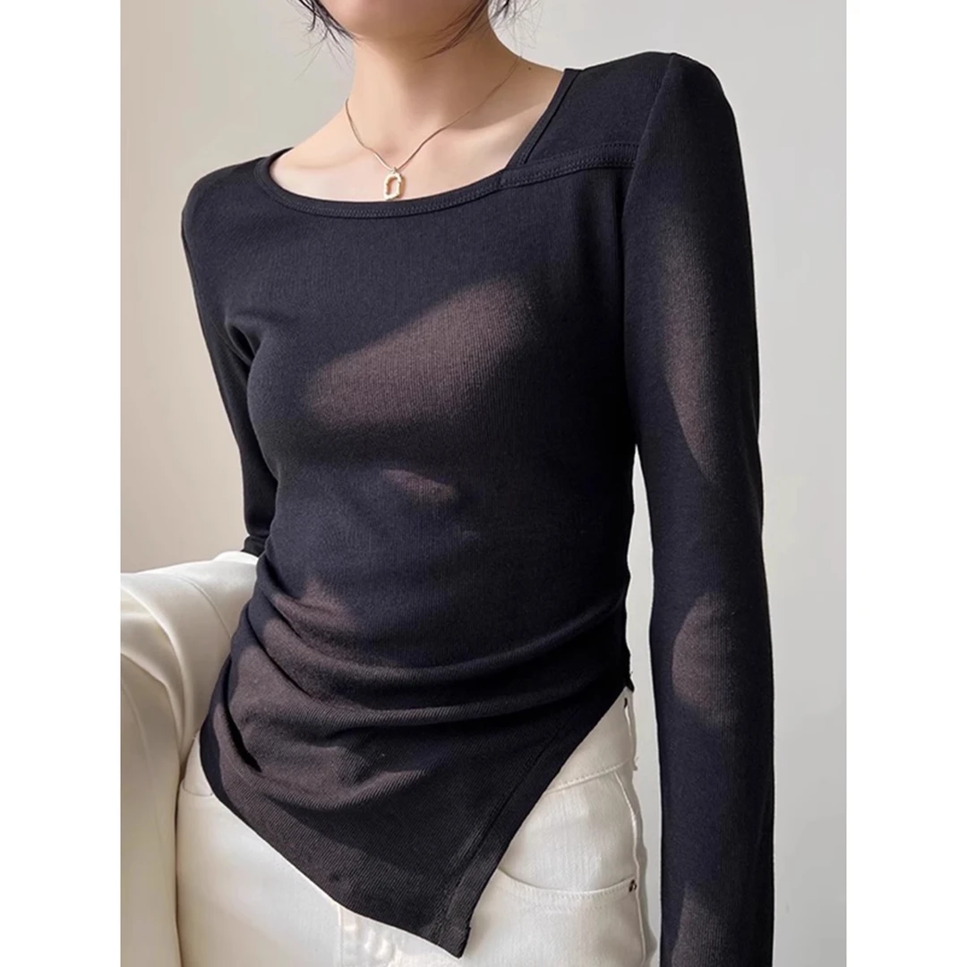 斜肩黑色打底衫女2025新款早秋不规则长袖t恤内搭上衣设计感百搭