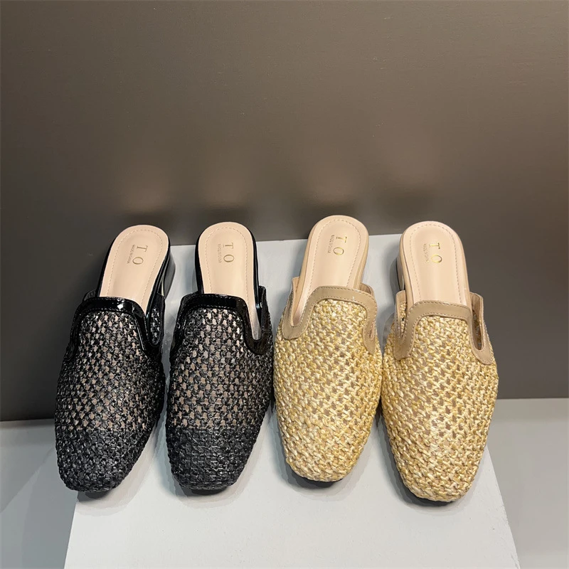 复古编织镂空包头半拖鞋女外穿一脚蹬夏季新款配裙子粗跟穆勒鞋子