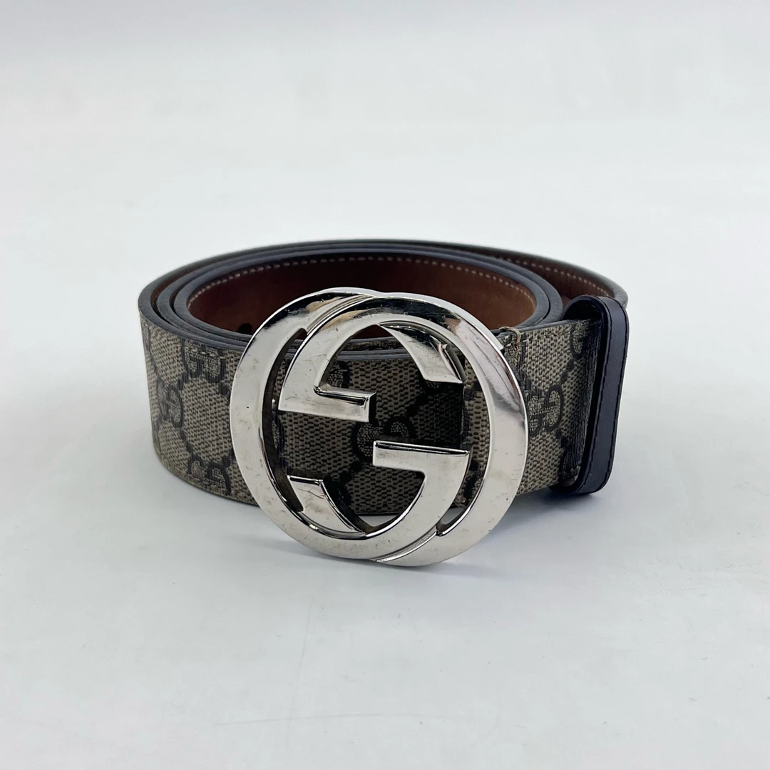 95新 GUCCI/古驰 90×3.6/乌木色经典双G银扣腰带/15475889