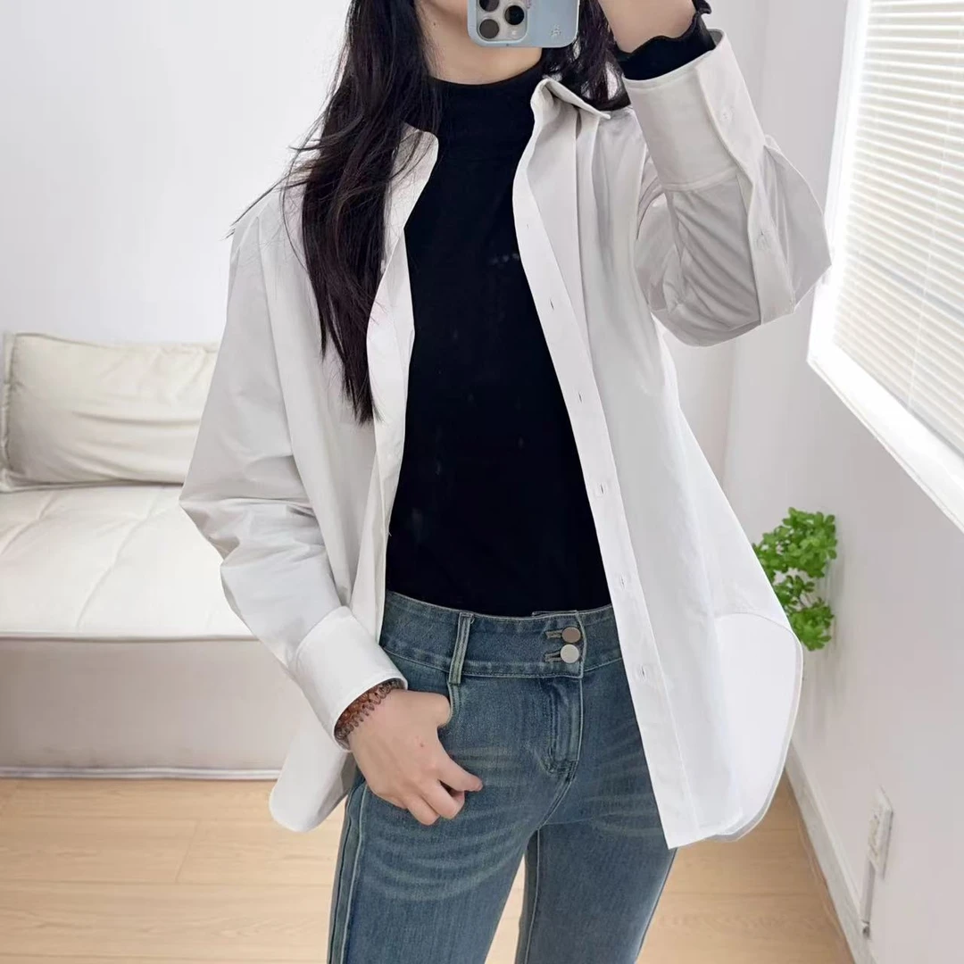 日单纯棉休闲简约百搭款白色长袖衬衫女士时尚